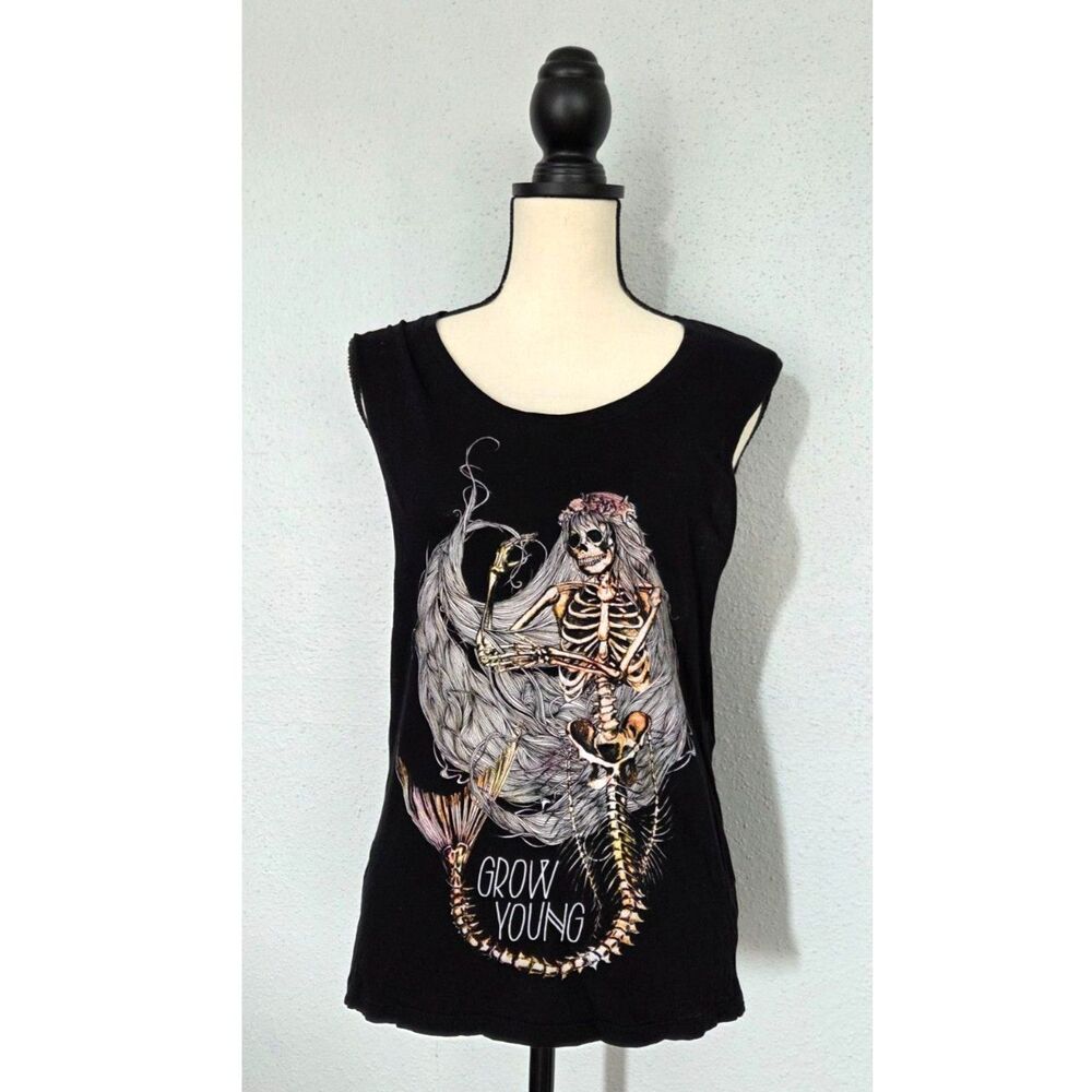 ELEMENT x JAC VANEK 'Grow Young' Womens Skeleton Mermaid Muscle Tank Top S Black
